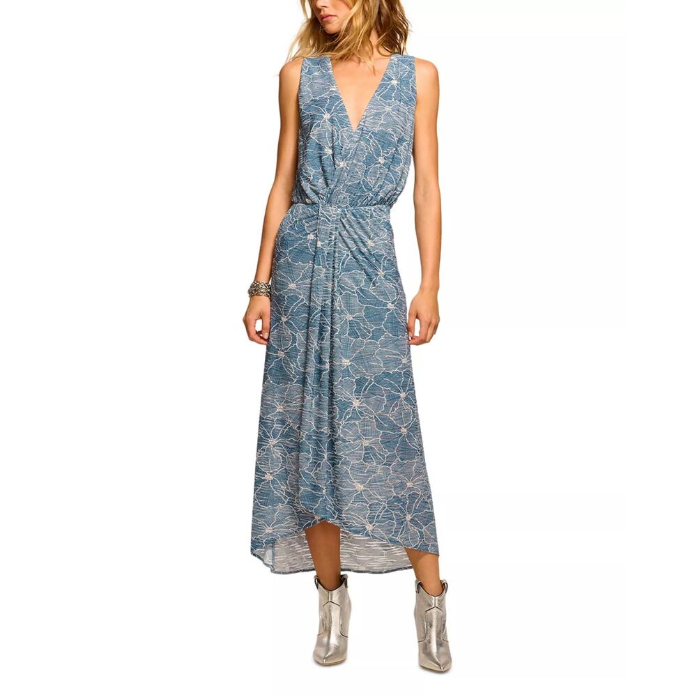 Ramy Brook Yuka Printed‎ Midi Dress, Faux Wrap Ruched, Beachy Coastal Boho, 12
